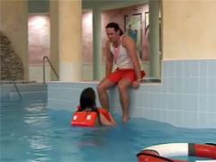 Brunette Teenager Gets Her Face Jizzed In A Swimming Pool
