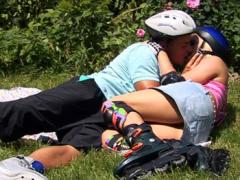Blonde Rollerskater Teen Sucking And Fucking In The Bushes
