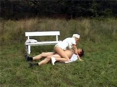 Teenage Nurse Tasting A Big Gooey Senior Cumload Outdoor