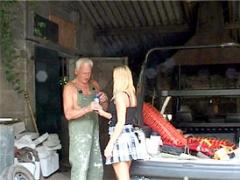 Horny Working Senior Fucking A Blonde Beauty In His Garage