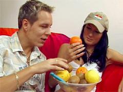 Teenage Brunette Cutie Tasting Some Juicy Healthy Fruit