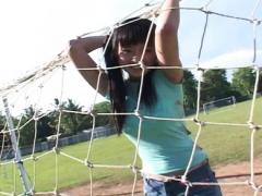 Moe Kirimura Asian In Short Jeans Plays With Huge Ball On Grass