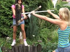 Two Cute Lesbian Teenie Girls Fighting With Their Brooms