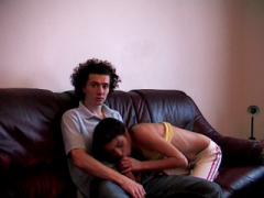 Pretty Slender Brunette, Giving Passionate Blowjob To Her Lecherous Boyfriend.